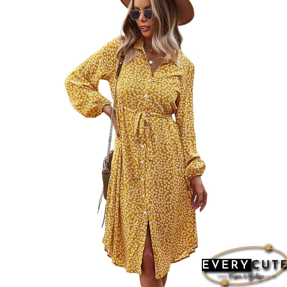 Yellow Floral Print Button Tie Waist Shirt Dress