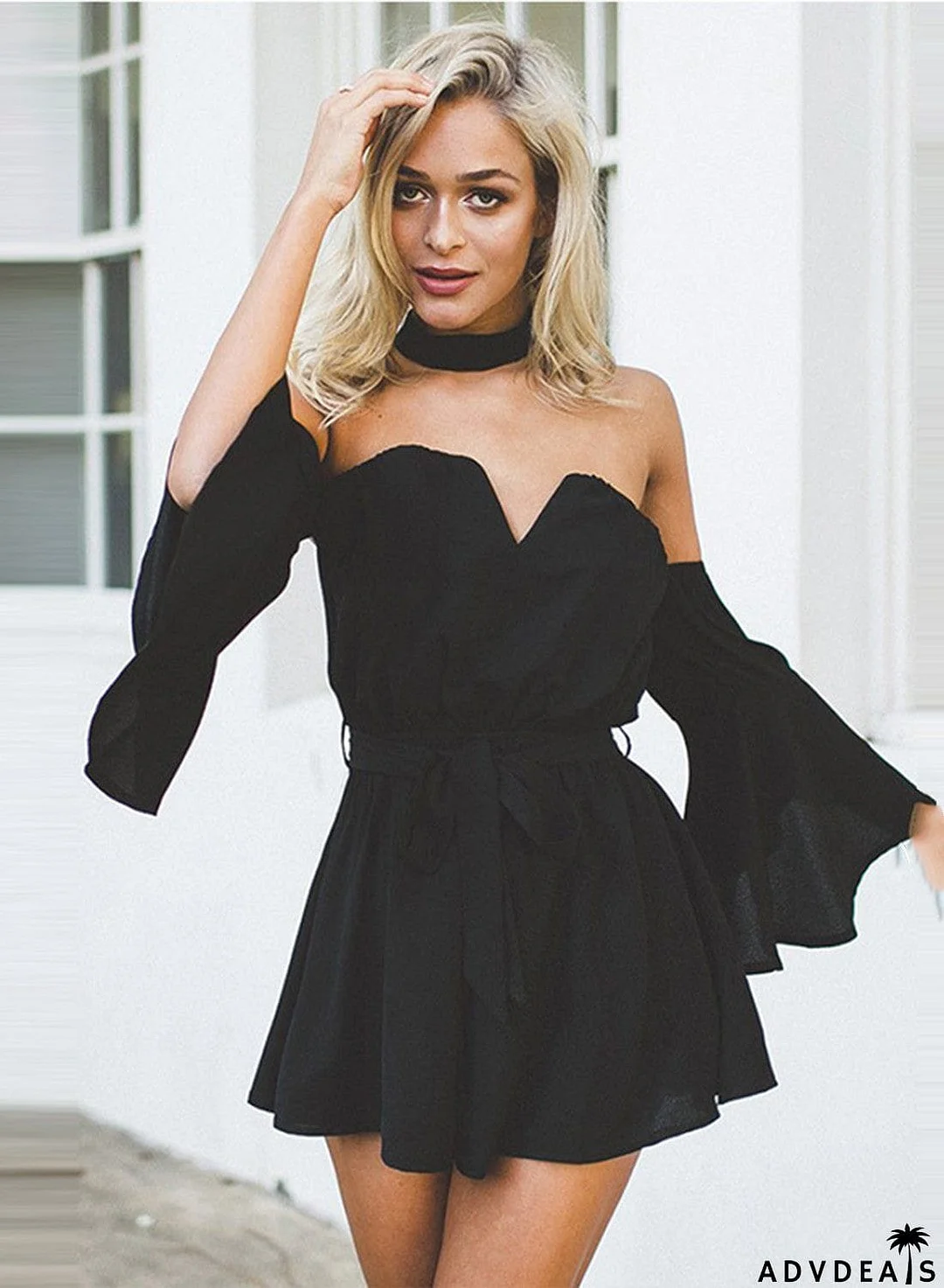 Strapless Flare Sleeve Romper with Choker