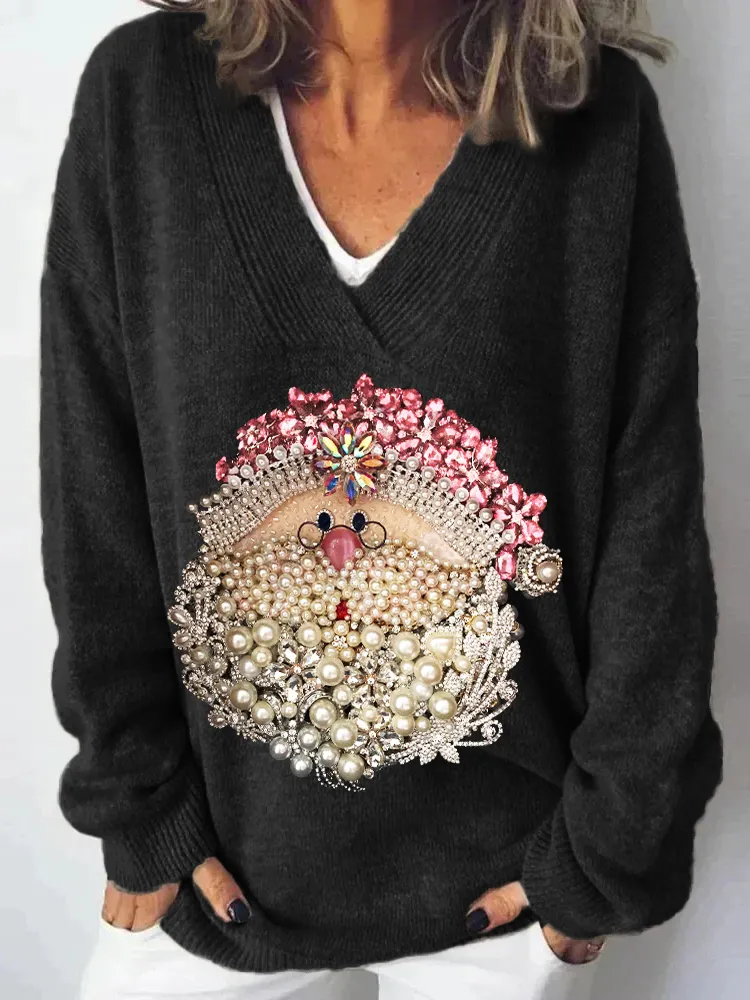Pink Christmas Santa Claus Jewel Art V Neck Knit Sweater