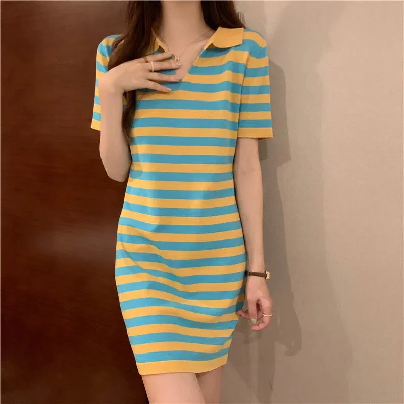 Uveng Uveng Version Of Temperament Striped T-Shirt Dress Retro POLO Received Waist-Skinny Straight Dress Summer Dress Girl