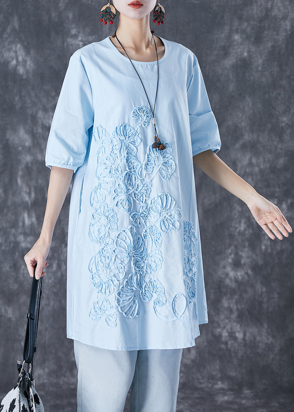 VCSHOES Sky Blue Embroideried Linen Mid Dress Summer
