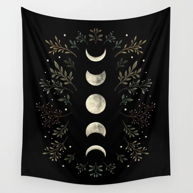 Moon Phase Tapestry Wall Hanging Vintage Mooonlight Green Olive Leaf Black Tapestries Boho Room Wall Decor Home Decoration Wall