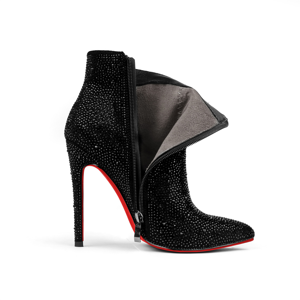 120mm Women's Ankle Boots Red Bottom Shoes With Rhinestone Closed Pointed Toe Stilettos Party Booties-MERUMOTE