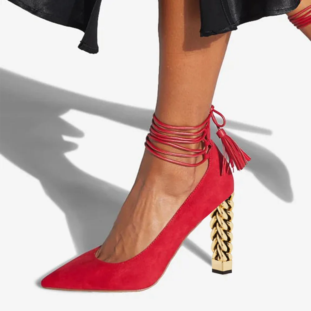 Red Pointed Toe Pumps Decorative Heel Strap Pumps