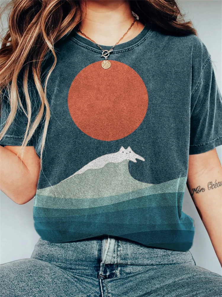 Wearshes Cat Sea Wave Sunrise Japanese Art Vintage T Shirt