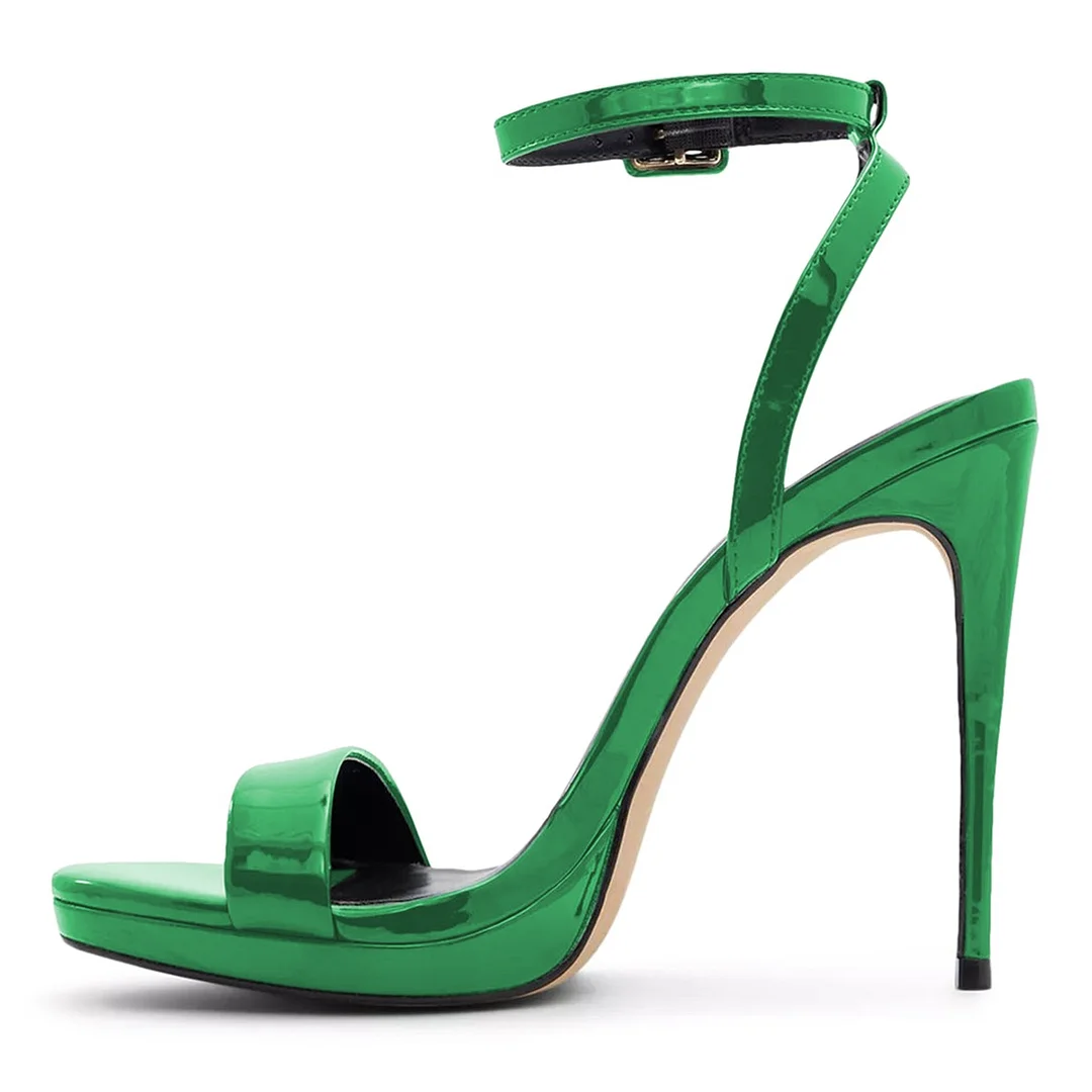 Green Open Round Toe Platform Ankle Strap Buckle Heeled Sandals