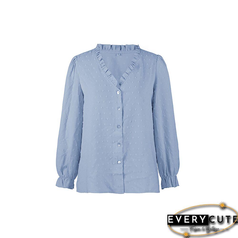 Light Blue Ruffle Detail Button V Neck Shirt