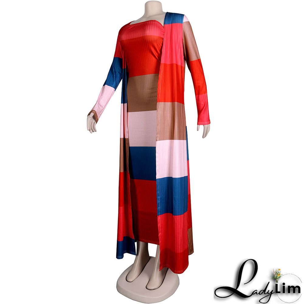 Plus Size Women Ribbed Print Colorblock Dress + Long Coat