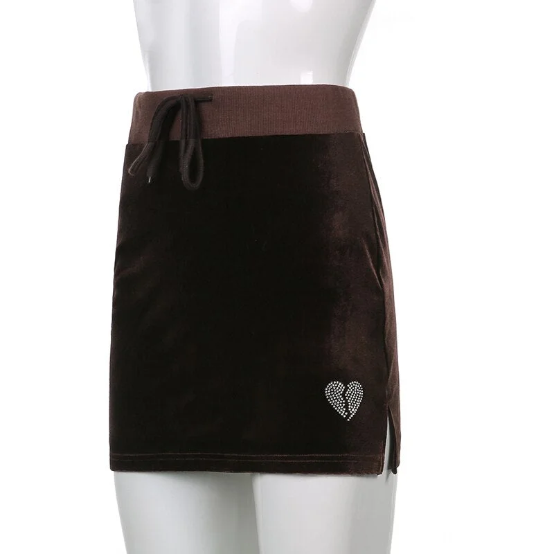 Sweetown Brown Velvet Slim Y2K Mini Skirts Womens Diamond Heart Kawaii Streetwear Split Stretch Low Waist Sexy Girl Skirt Pink