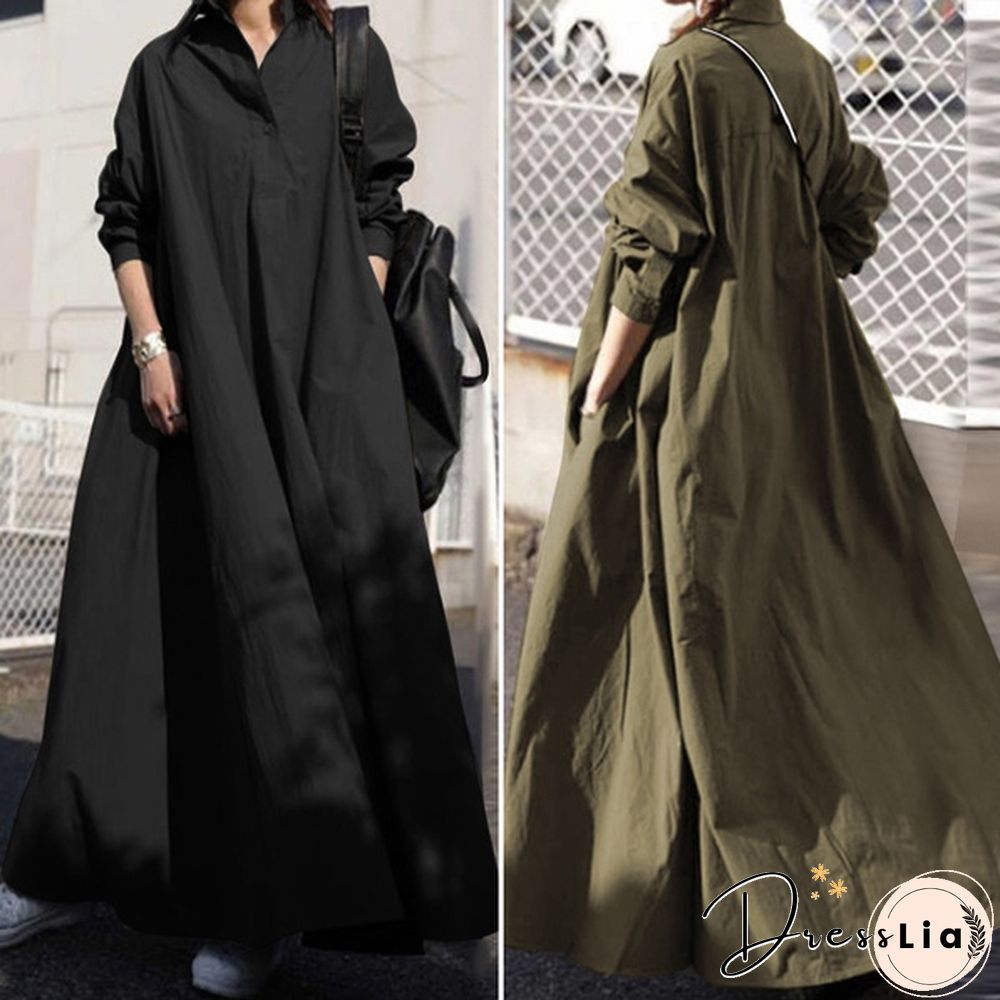 Women Turn-down Collar Long Sleeve Shirt Dress Loose Plain Maxi Blouse Dresses