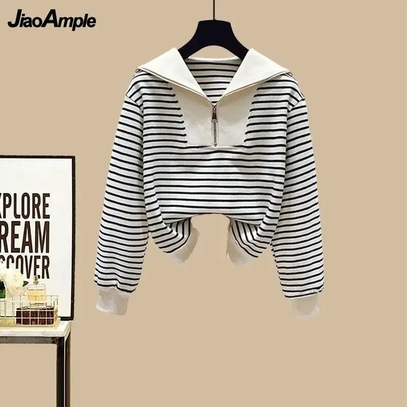 Brownm Women's Autumn Winter Tracksuit 2023 New Korean Striped Zip Sweater Blouse + High Waist Casual Pants Sportswear Two Piece Suit