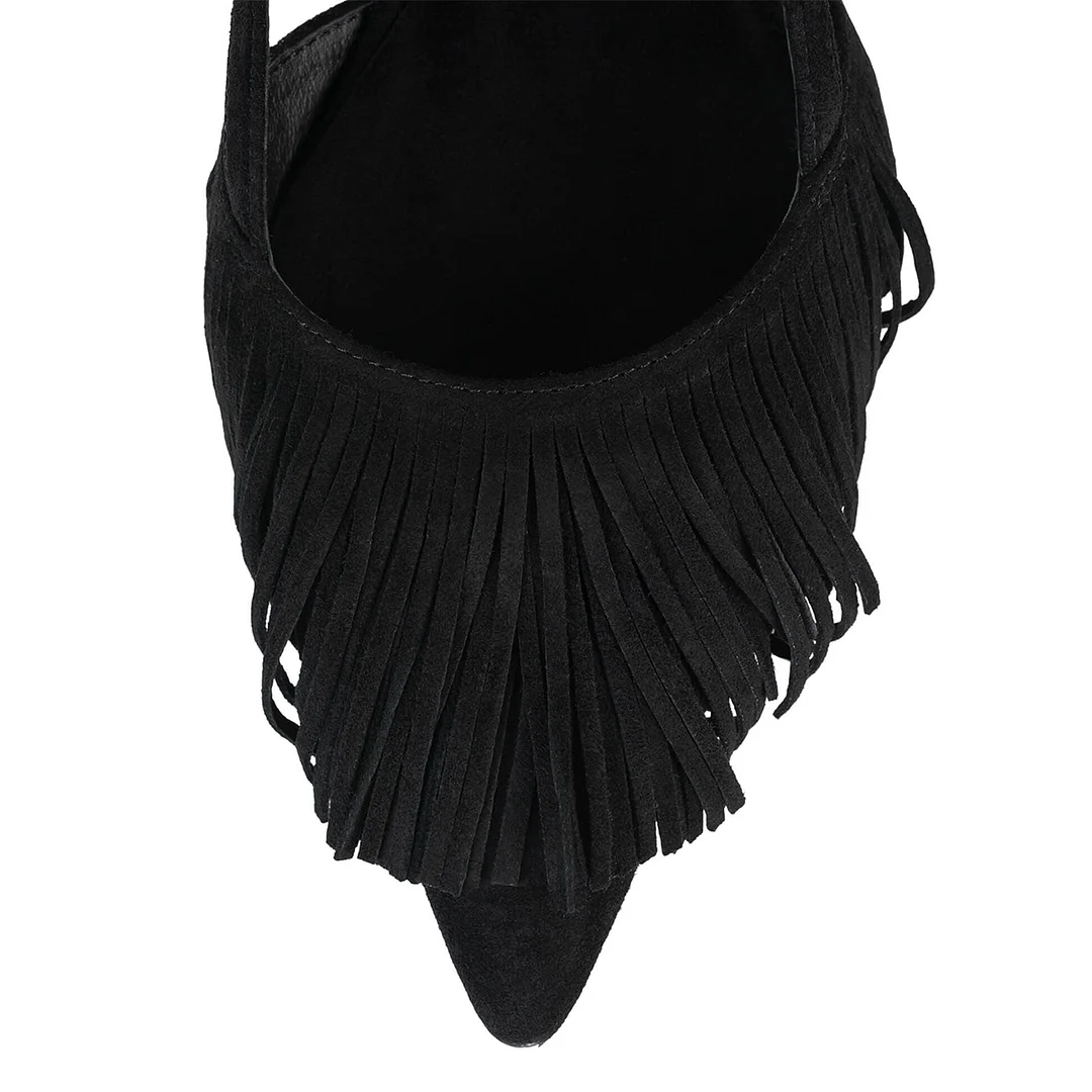 Black Faux Suede Fringe Inlay Buckle Slingback Pumps with Kitten Heel