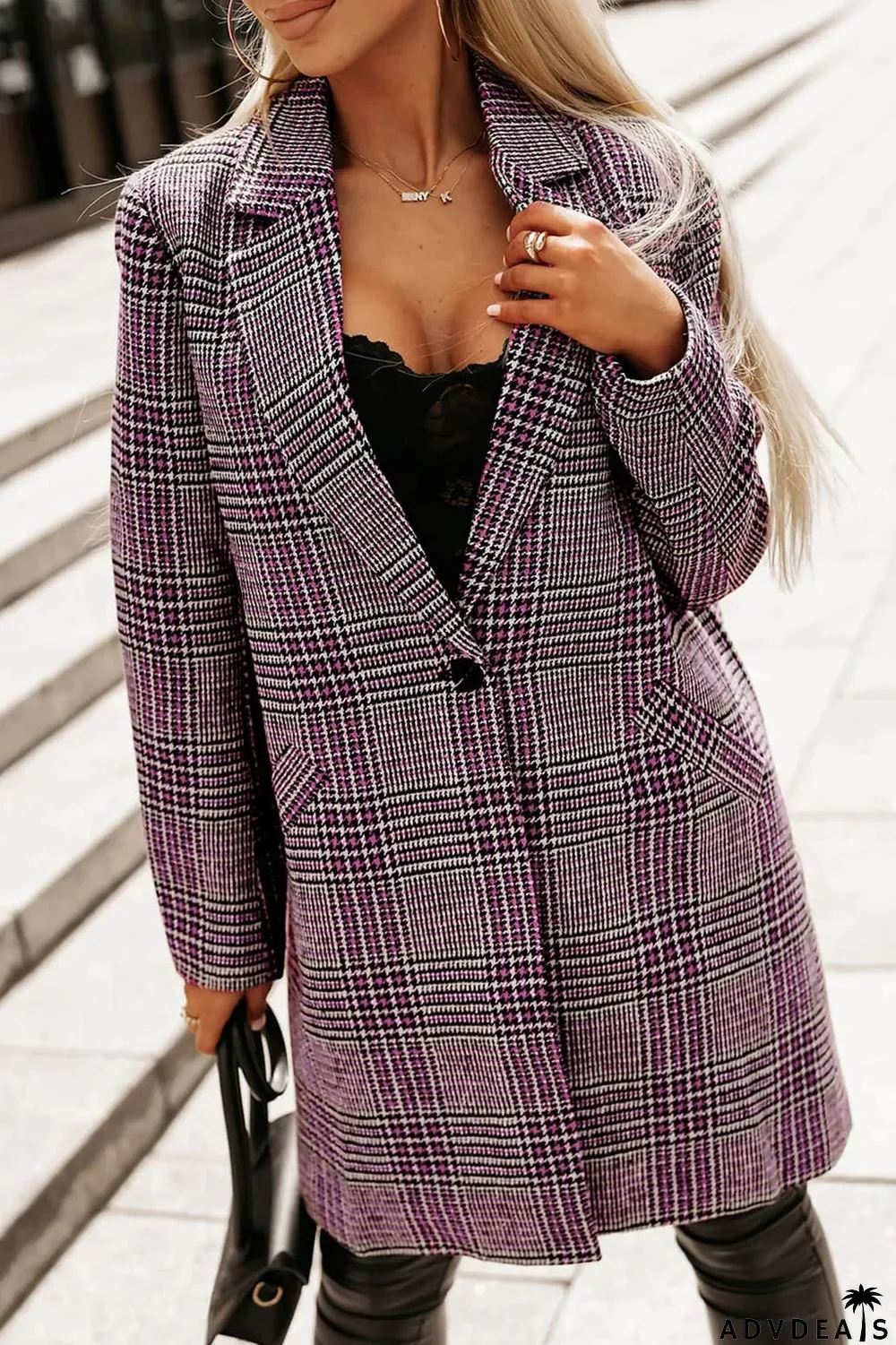 Pink Plaid Lapel Collar One Button Midi Coat