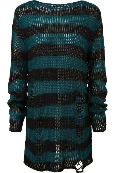 2021 Women Man  Sweater Dress Punk Gothic Long Unisex Cool Hollow Out Hole Broken Striped Jumper Loose Rock Thin Sweater