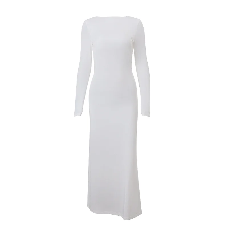 Brownm Brownm Autumn New Sexy Big Show Back Solid Color High Waist Temperament Slim Long Sleeve Dress Female