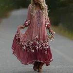 Women's Vintage Romantic Pink Rose Embroidery Art Comfy Linen V Neck Maxi Dress - Image 2