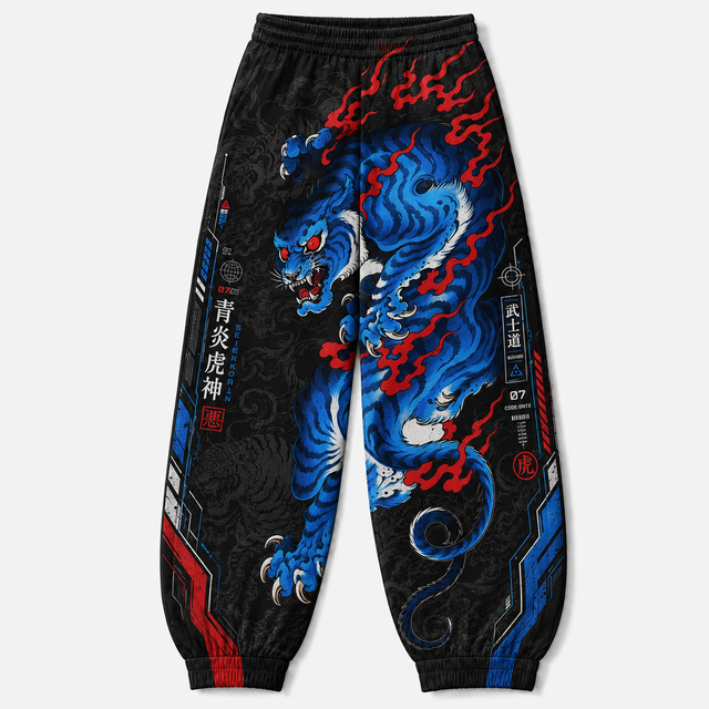 Blue Flame Dragon Techwear Jogger Pants