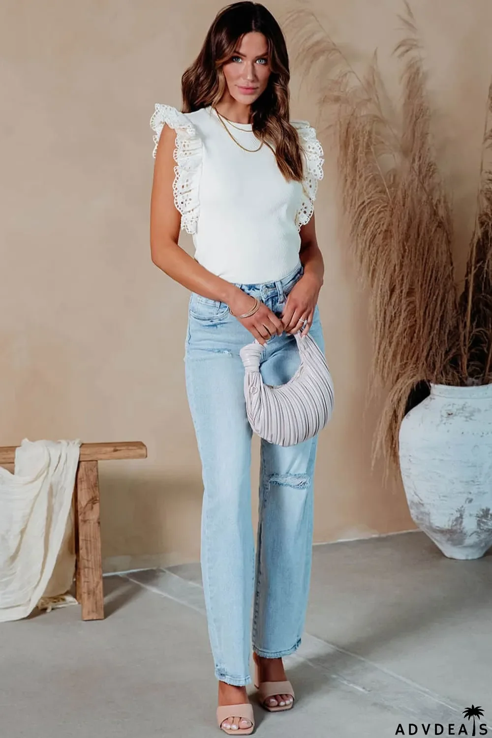 White Lace Flutter Sleeve Ruffled Ribbed Blouse