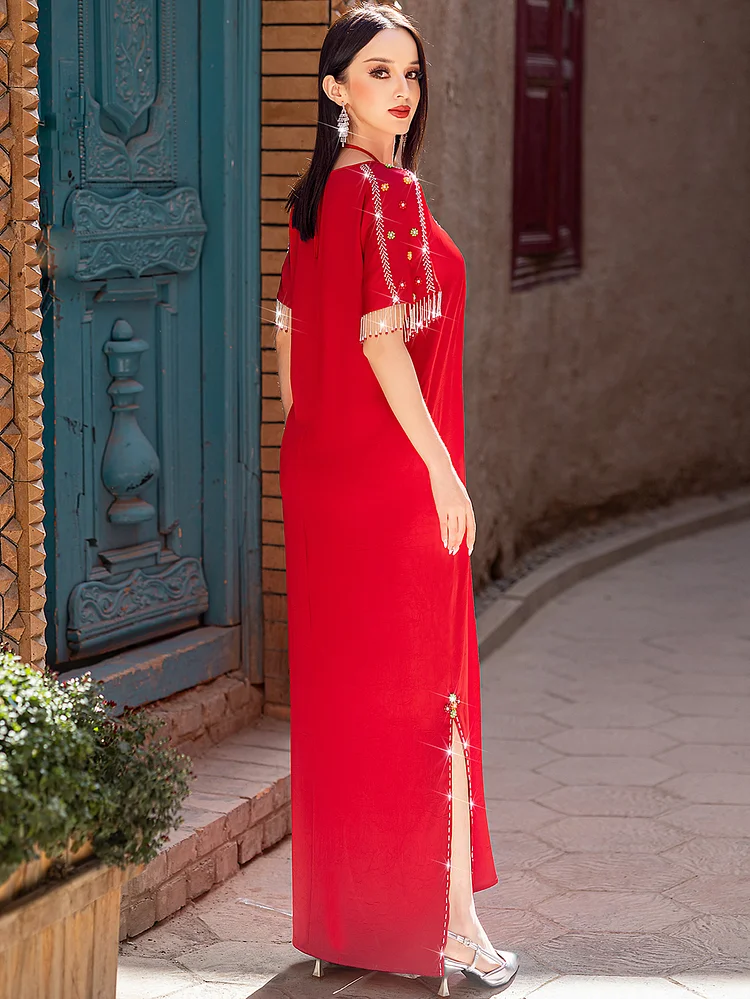 Elegant Middle Eastern-Inspired Women's Long Sleeve Dress - Dark Red With Rhinestone & Beaded Embellishments, 100% Polyester, Hand Wash Only, Spring/Summer Casual To Formal Wear