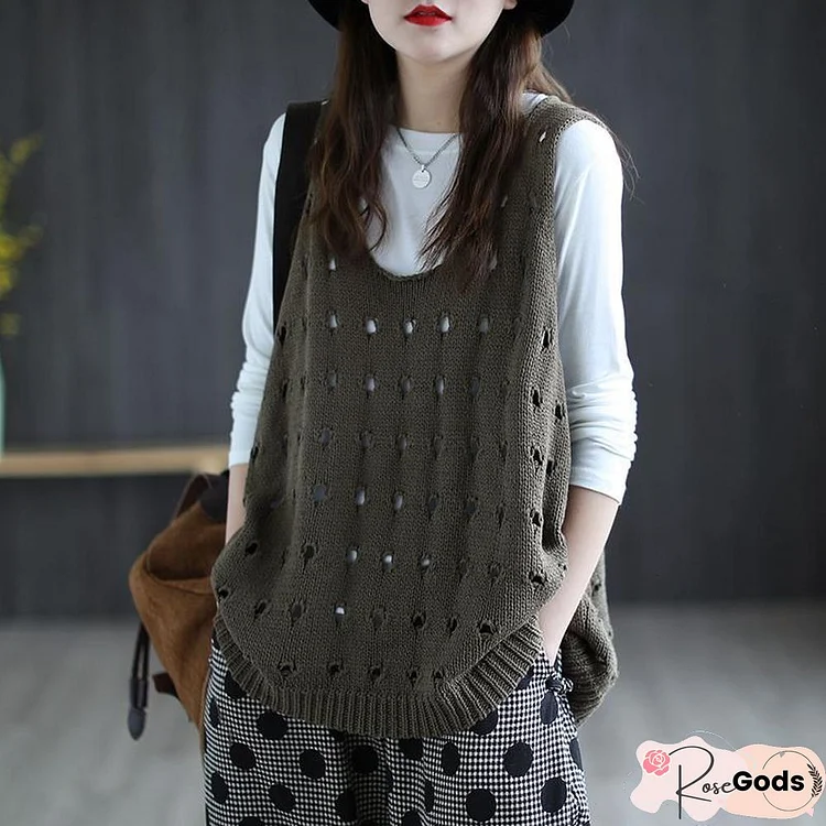 Sweater Vests Women O-Neck Hollow Out Baggy Vintage Sleeveless Jumpers Elegant Women's Vest Knitwear Comfortable Trendy