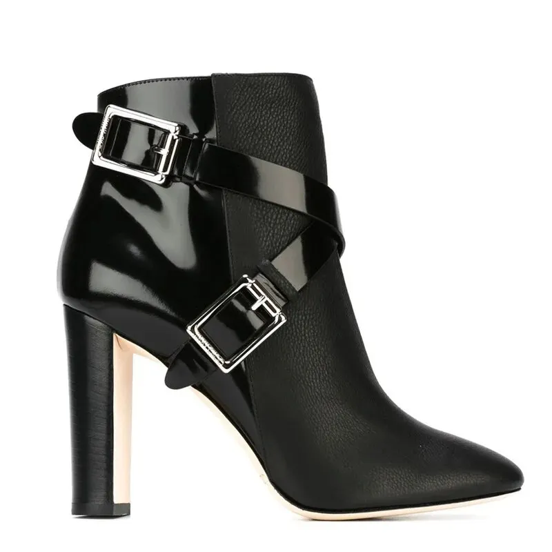 VCSHOES Women Metal Buckle Belt Fasten Ankle Boots Chunky High Heels Multi Leather Patched Pointed Toe Fringed Botines Big Size 44