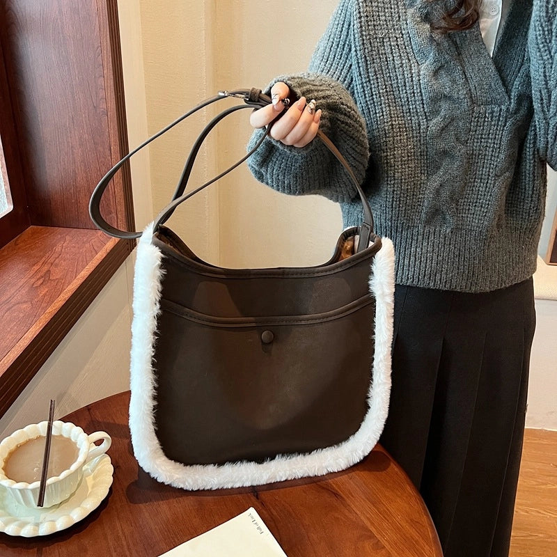 Women’s Medium Suede Solid Color Streetwear Square Magnetic Buckle Tote Bag