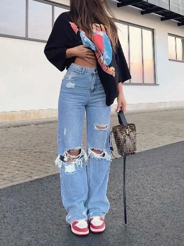 High rise ripped straight leg jeans