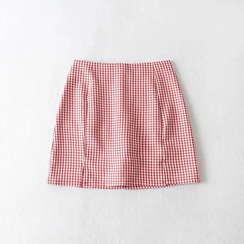 Summer New Fashion Red Blue Slim Small Plaid Bifurcation  MINI Pencil Skirt Girl Female Casual Harajuku Skirts Womens B032