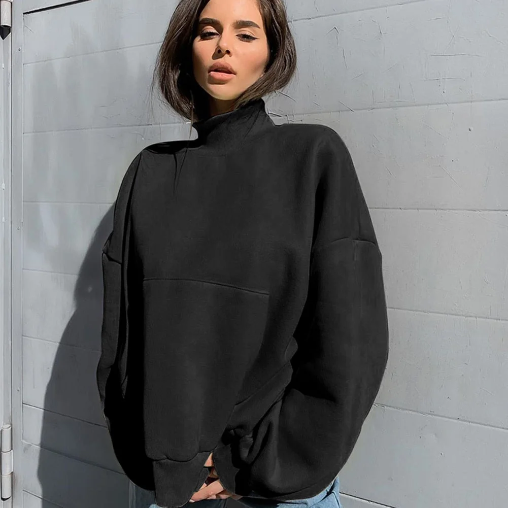 Baggy-Women Hoodie Round Neck Black White Long Sleeve Pullover Oversized Casual Warm Sweatshirts Autumn Winter 2020