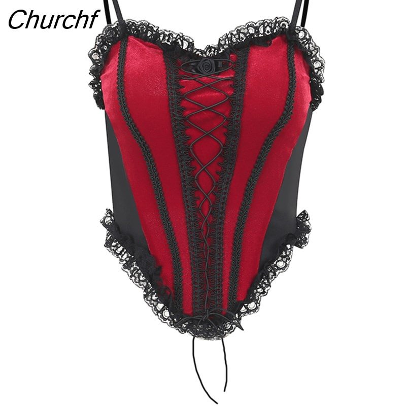 Churchf Corset Tank Top Gothic Court Tube Sexy V Neck Waist-in Spaghetti Straps Camis Lace-up Backless Red Vintage Hip Hop Top