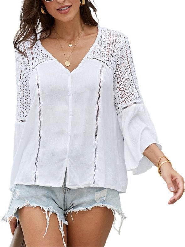 V-Neck Long Sleeve Crochet Print Loose Top