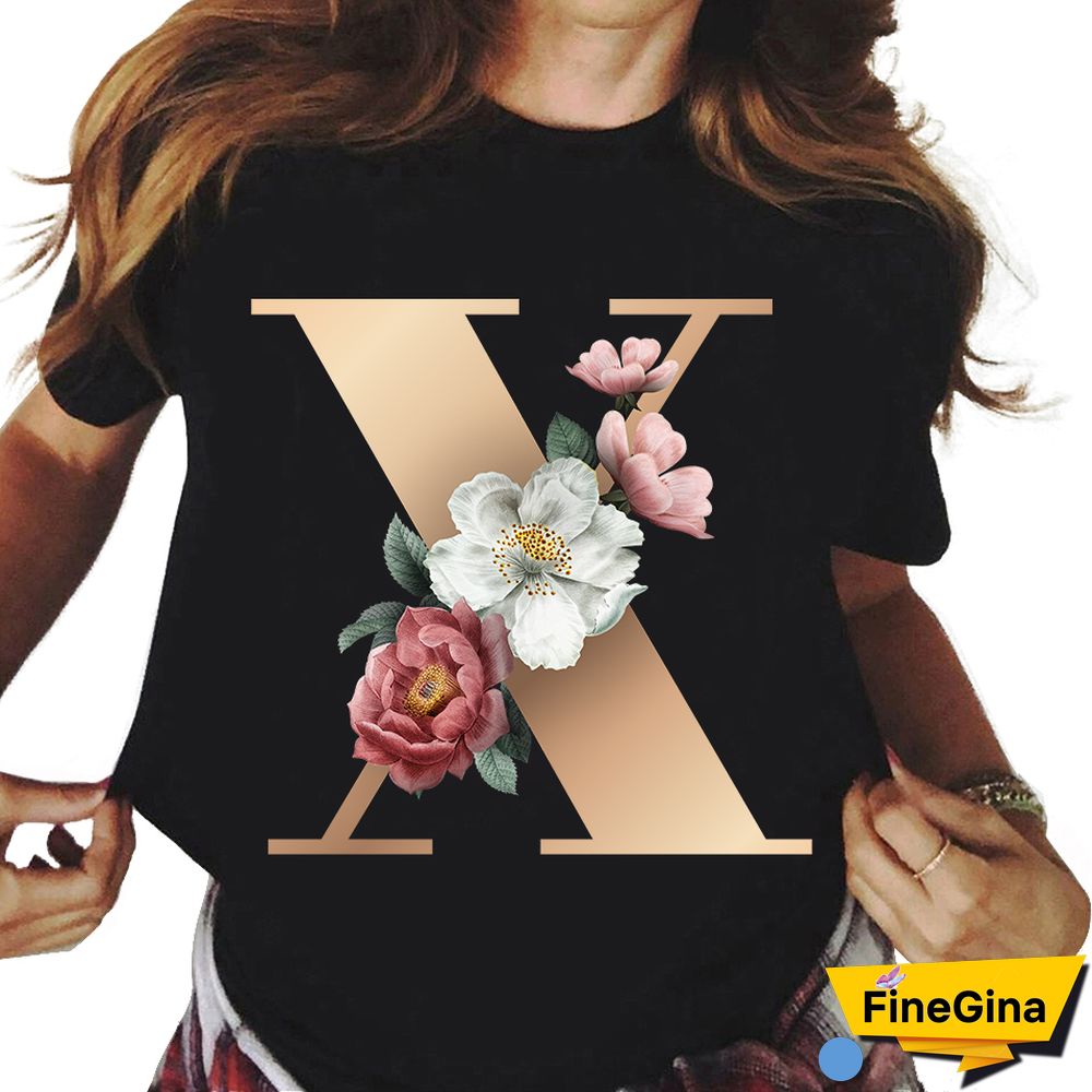 Custom Name Letter Combination T-shirt 26 FloralAlphabetFontClassicTShirt Fashion Harajuku Kawaii TShirt Women Top Tees