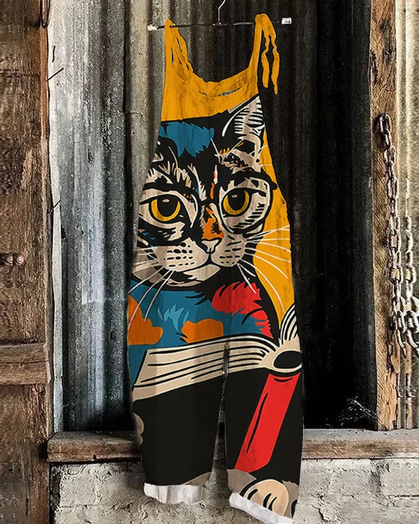 Retro Cat Reading Poster Print Jumpsuit
