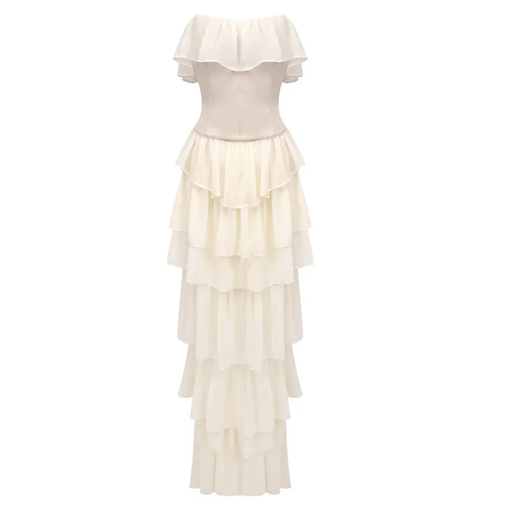 Toloer Corset Chiffon Frill Tiered Maxi Dress-Outfit Ideas