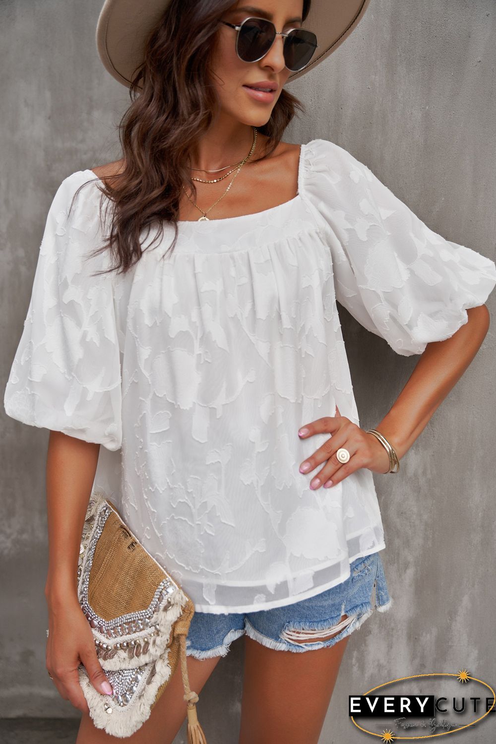 White Lush Printed Balloon Sleeve Ruched Chiffon Top