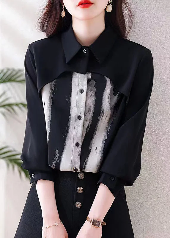 Style Black Tie Dye False Two Pieces Chiffon Shirts Spring