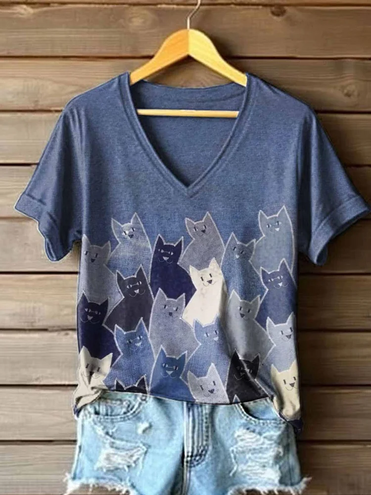 VChics Women's Cute Cat Patchwork V-neck T-shirt
