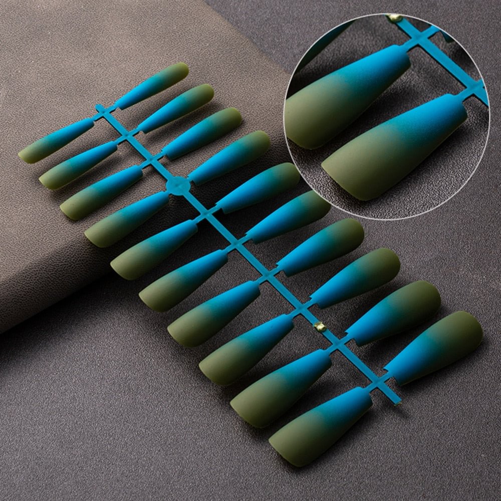 20 Pcs Matte Gradient Design False Nails Long Coffin Fake Nails Full Cover Nail Art Tips Nails Press On Nails With Jelly Glue