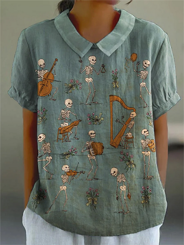 Women's Retro Skull Music Flower Art Print Casual Cotton And Linen Shirt