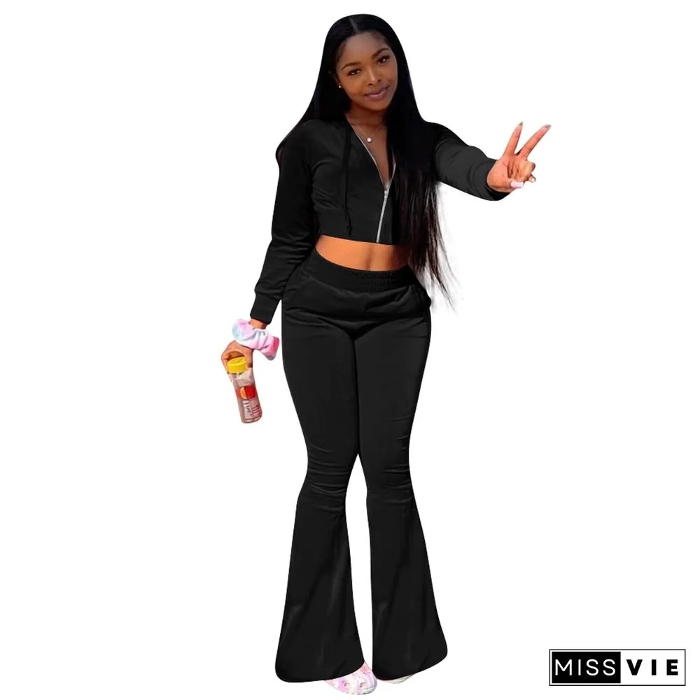 Velvet Solid Zipper Hooded Crop Tops Flare Pants Set
