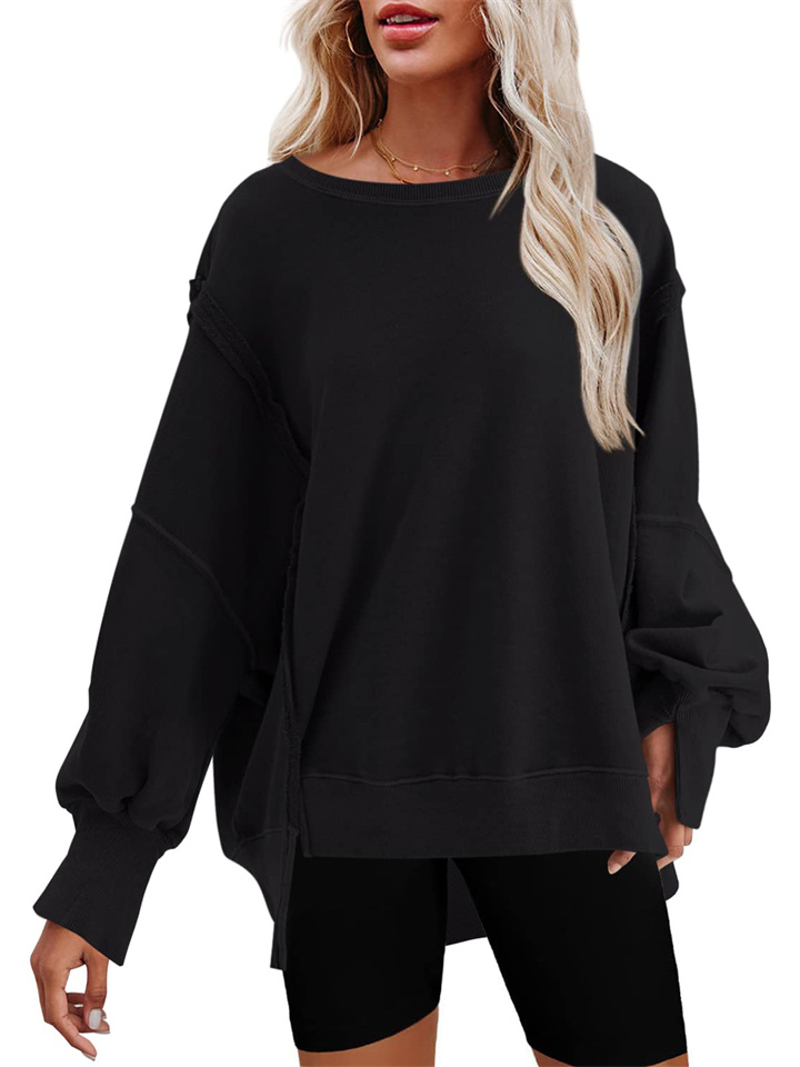 Women's Comfortable Fashion Casual Round Neck Long Sleeve Loose Terry Hem Irregular Pullover Top Sweatshirt