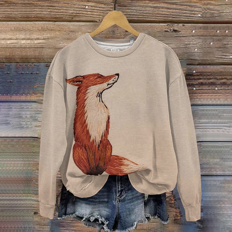 Fox Print Crew Neck Casual Sweatshirt artswardrobe