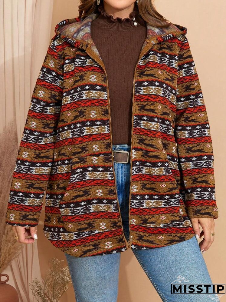 Plus Size Women Vintage Style Printed Hooded Long Sleeve Jacket