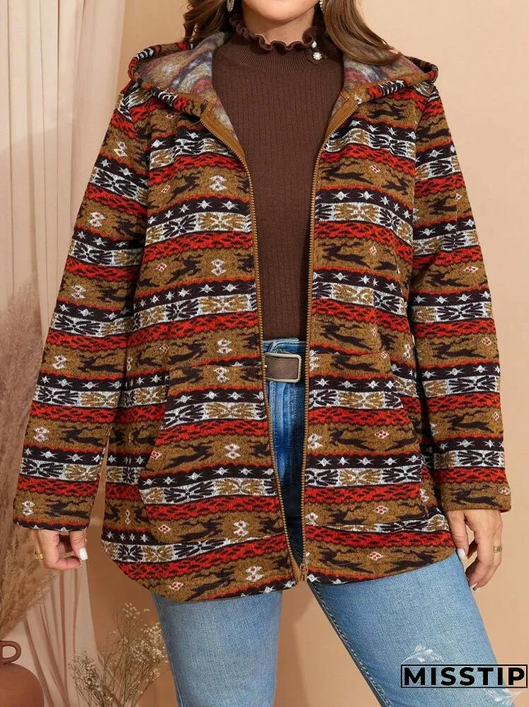 Plus Size Women Vintage Style Printed Hooded Long Sleeve Jacket