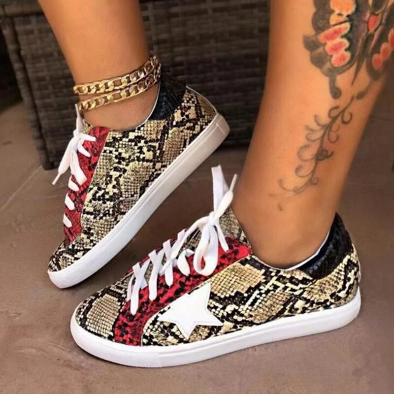 Women Snake Printing PU Leather Vulcanized Shoes Lace up Female Sneakers Fashion 2020 Platform Woman Shoes Walking Footwear