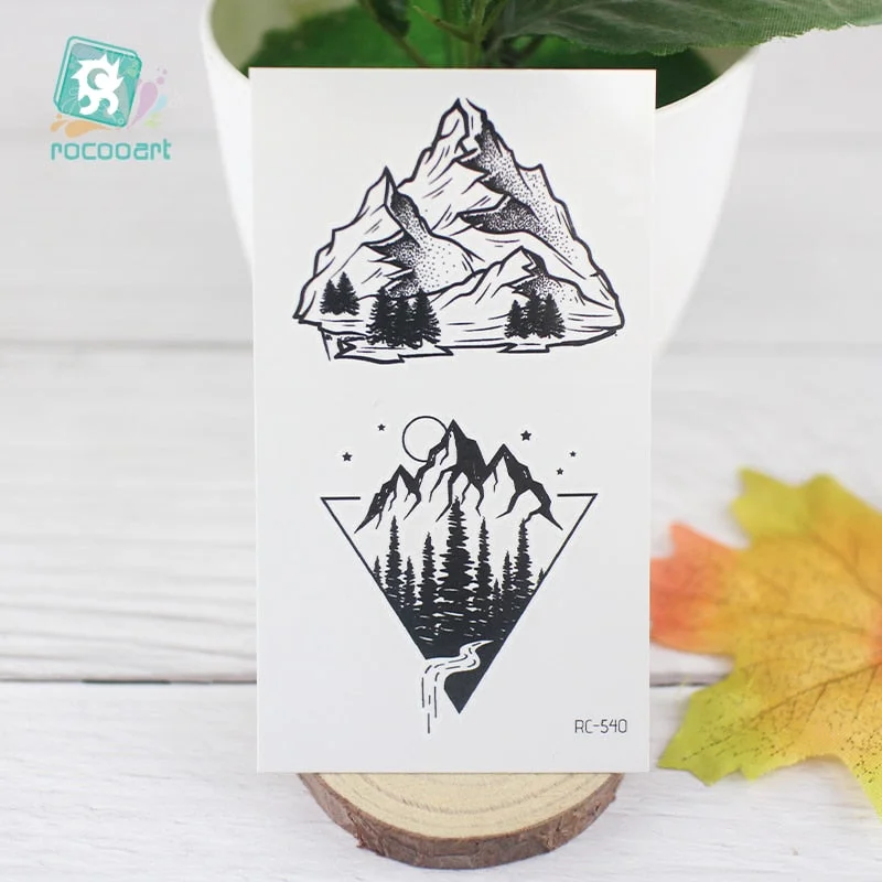 Free Shipping Planet Sun Mountain Pine Tree Temporary Tattoos Sticker Triangle Wave Tattoo Body Art Arm Black Small Fake Tattoo