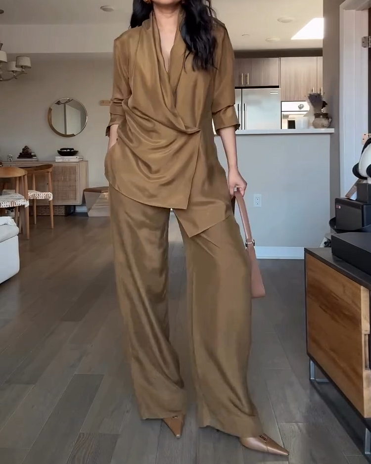 V-neck Draped Top and Pants Two-piece Set