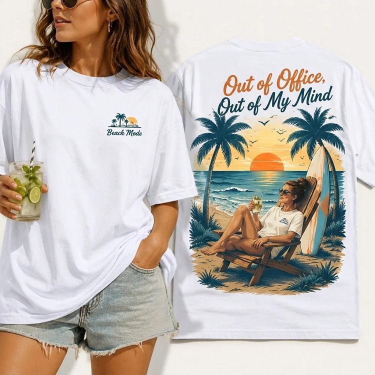 Women Beach Vacation Graphic Tee &ndash; Out of Office Summer Sunset Palm Tree T-Shirt | Oversized Relaxed Fit Beach Mode Shirt