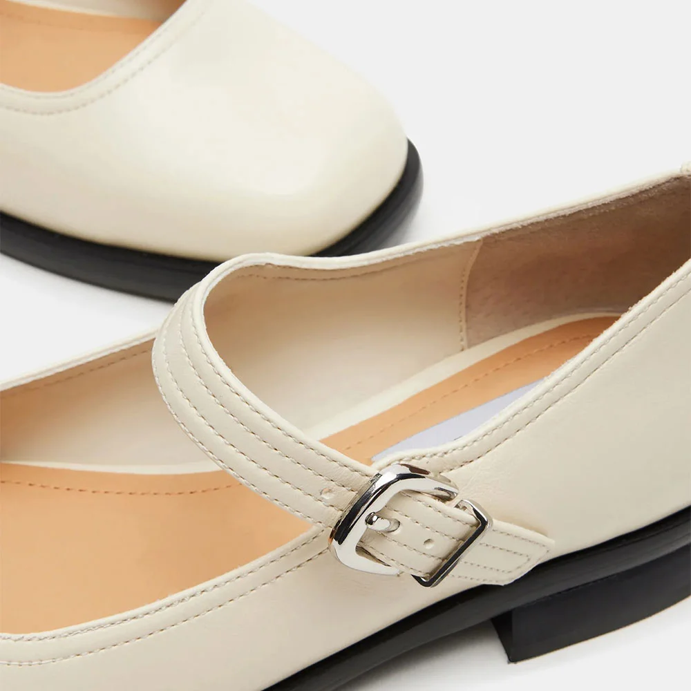 Women's Ivory Square Toe Comfort Adjustable Buckle Mary Jane Flats