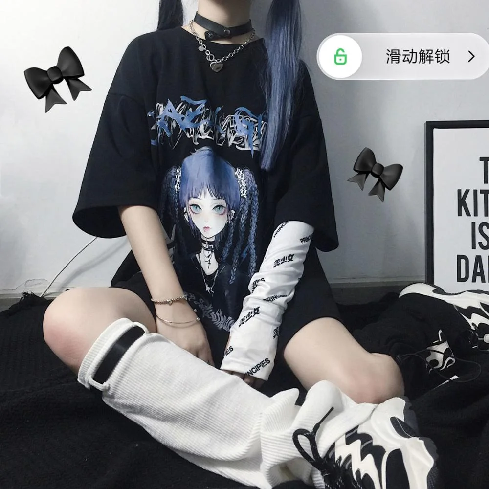 Summer Harajuku Cute Oversized T-Shirt Women Hip Hop Japan Cartoon Tshirt Streetwear Rock Tees Casual Fashion T Shirts Girl
